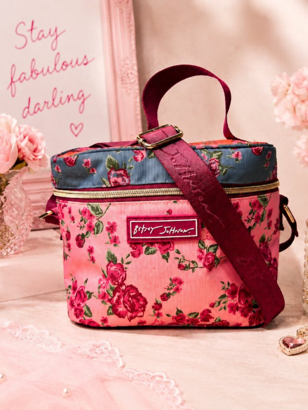 Betsey Johnson Pink Rose Insulated Lunch Bag Shoulder Strap Tote
